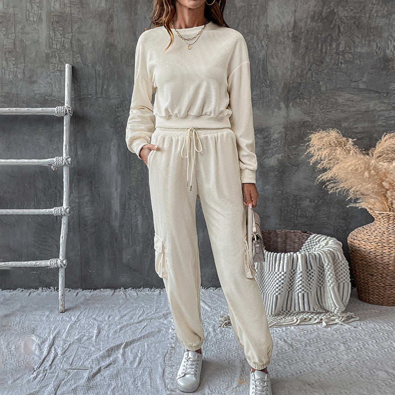 Autumn Winter Solid Color Texture Casual Set