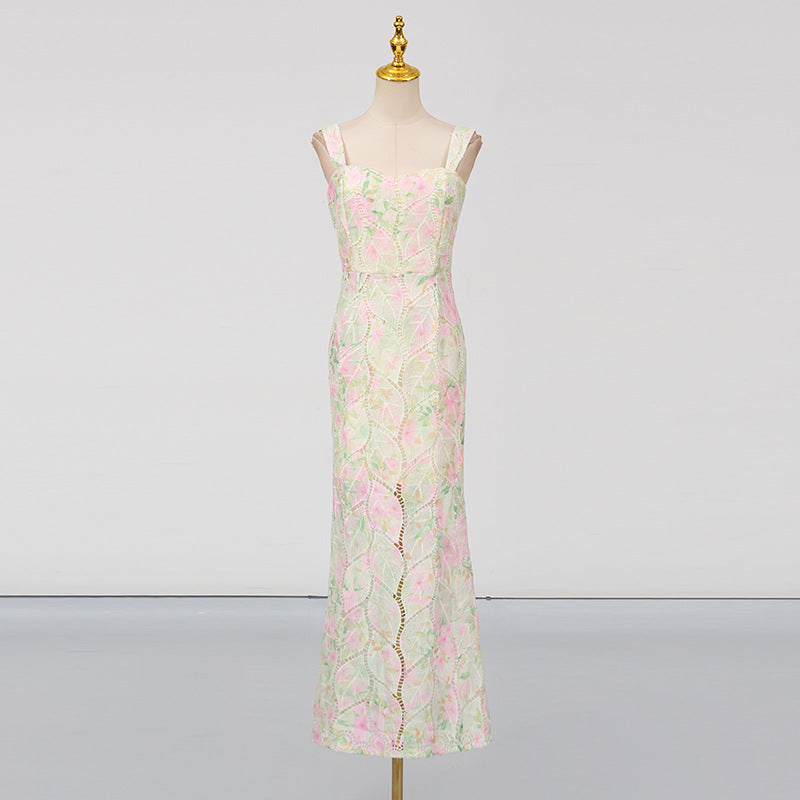 Women's maxi sleeveless dress on mannequin, pastel multi floral print, fitted bodice