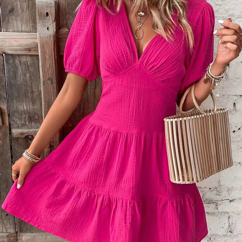 Short-Sleeve Cinched Waist Slim Fit Big Swing Dress Rose Red Tiered