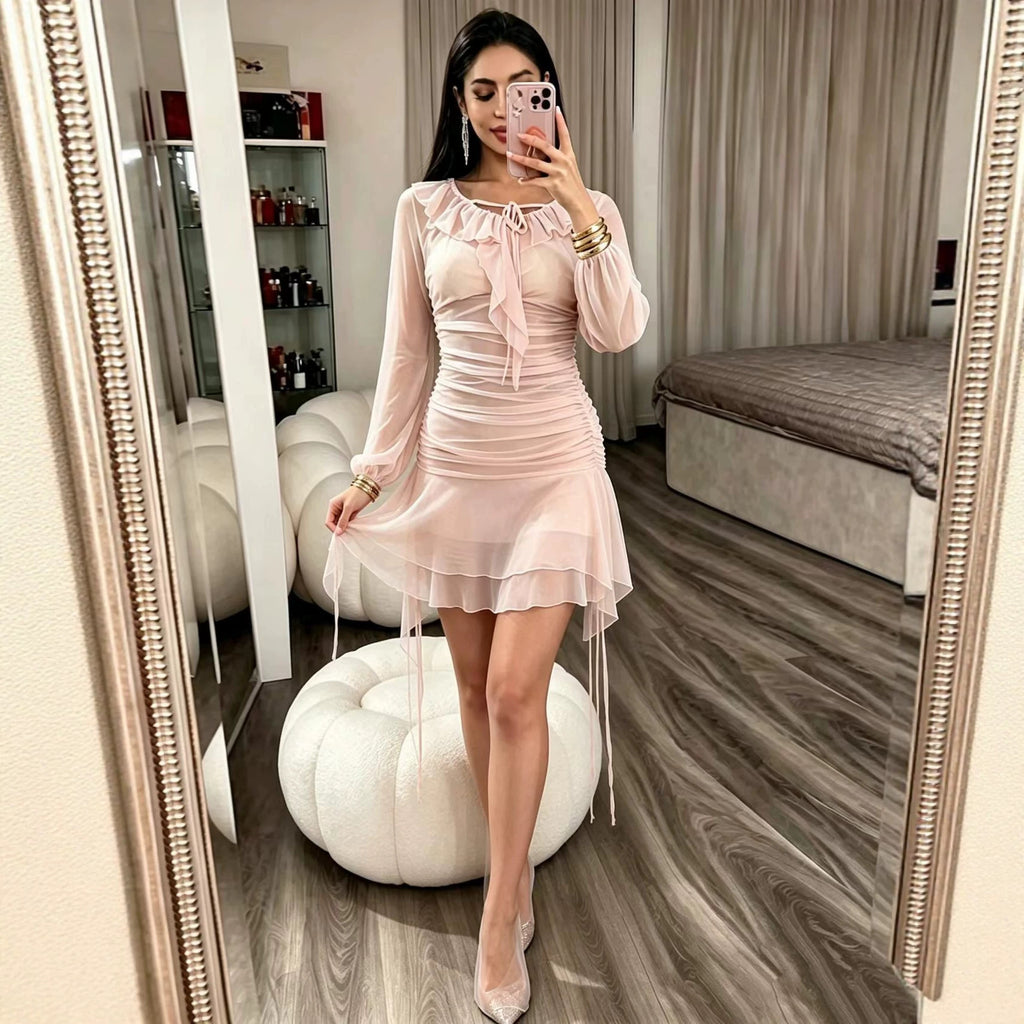 Women's Mesh Ruffled Long-Sleeve Bodycon Mini Dress