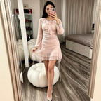 Women's Mesh Ruffled Long-Sleeve Bodycon Mini Dress
