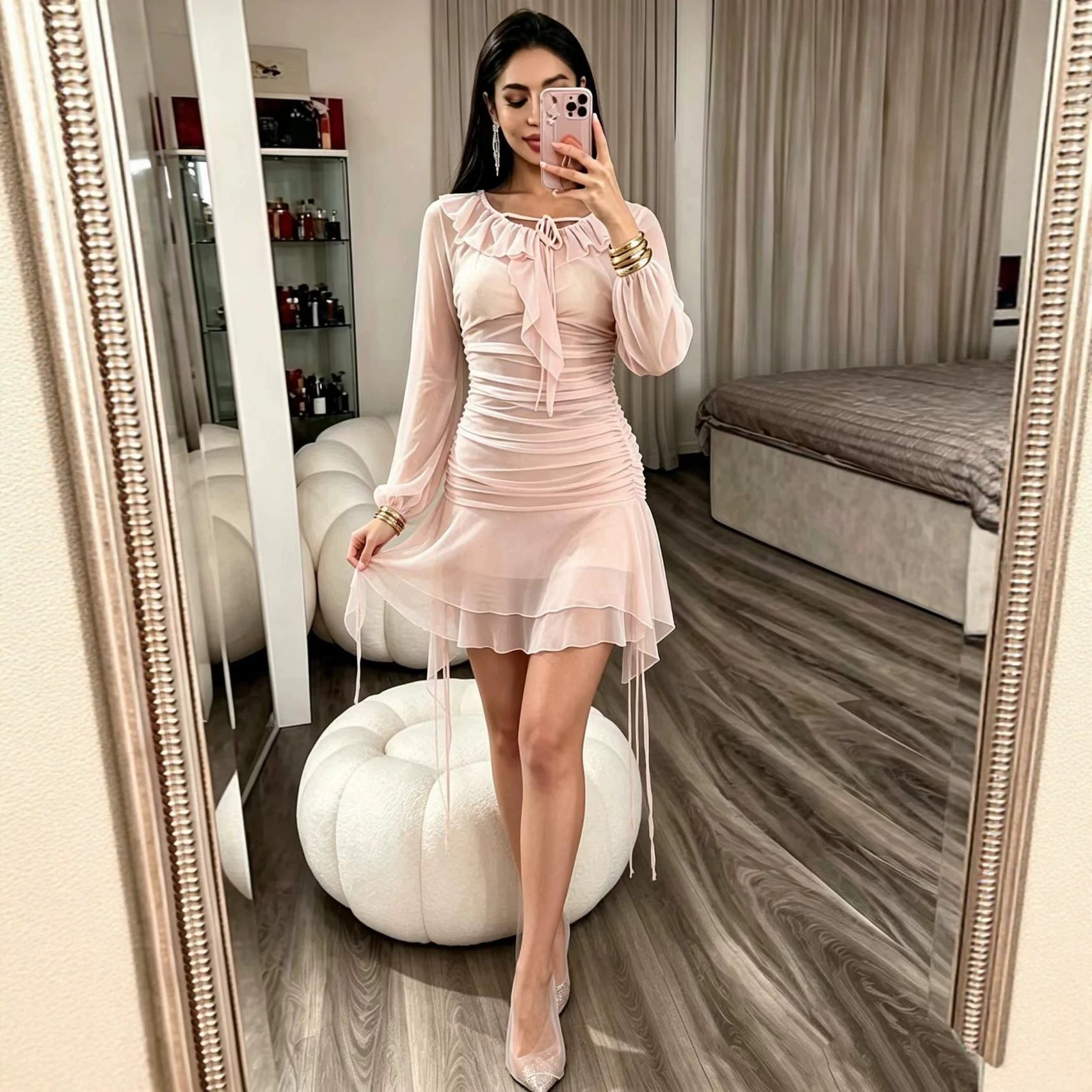 Women's Mesh Ruffled Long-Sleeve Bodycon Mini Dress