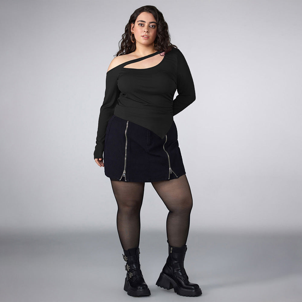 Plus Size Women Clothing Sexy Shoulder Long Sleeved T shirt Women Slim Fit Slimming Irregular Asymmetric Hem Top