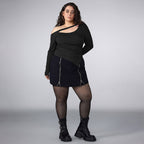 Plus Size Women Clothing Sexy Shoulder Long Sleeved T shirt Women Slim Fit Slimming Irregular Asymmetric Hem Top