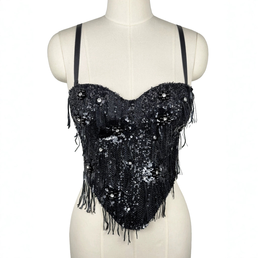 Sequ Tassel Suspender Vest Sexy Boning Corset Bra Rhinestone Beaded Outer Wear Tube Top Boning Corset Top