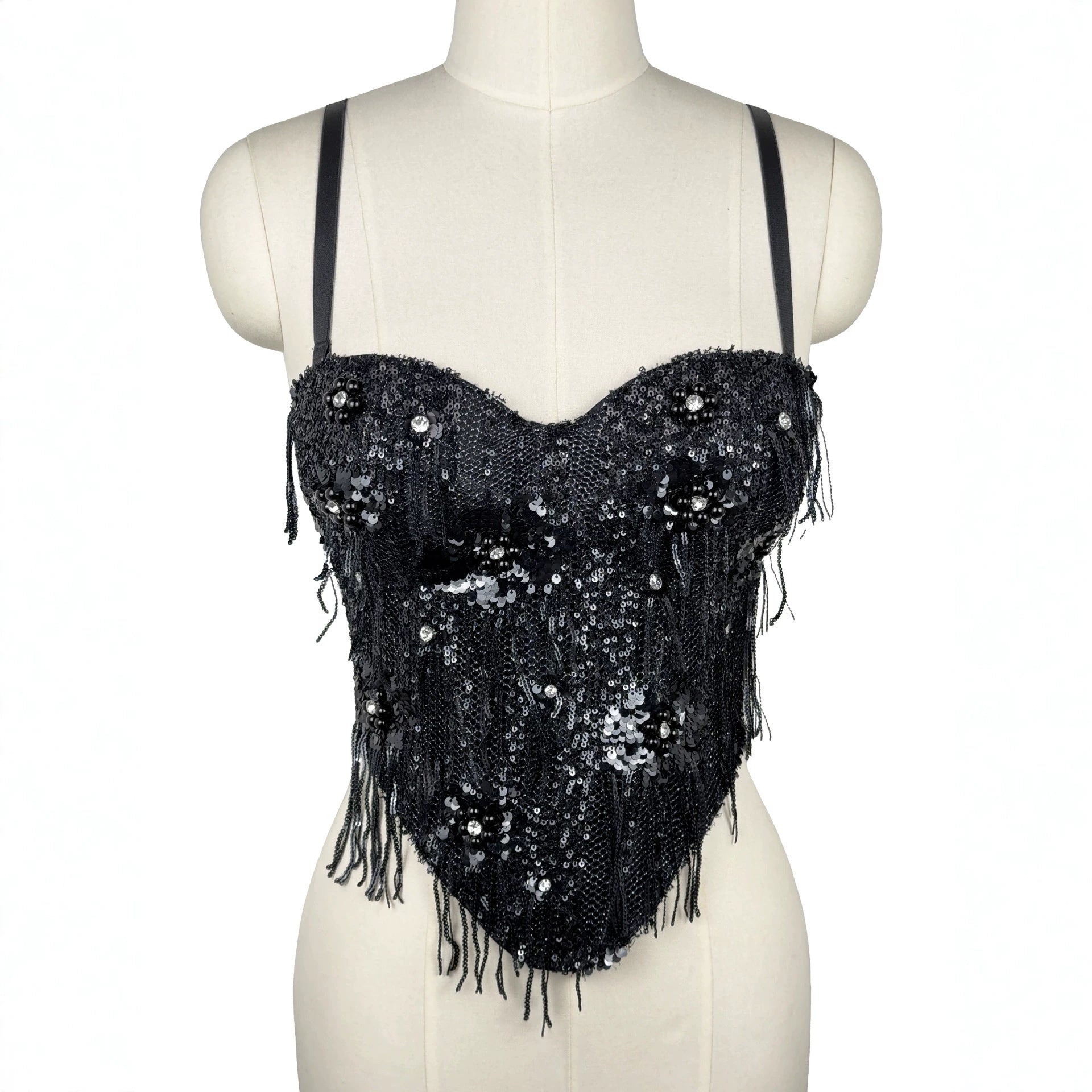 Sequ Tassel Suspender Vest Sexy Boning Corset Bra Rhinestone Beaded Outer Wear Tube Top Boning Corset Top