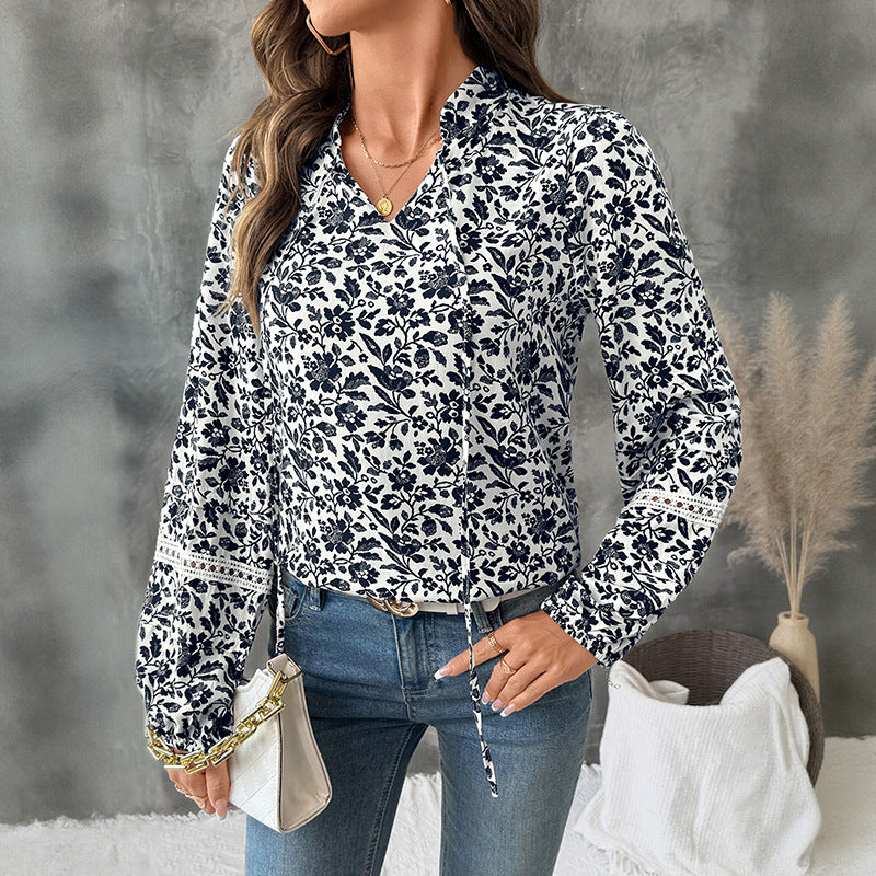 Women’s Navy Floral Lace Up V Neck Blouse