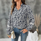 Women’s Navy Floral Lace Up V Neck Blouse