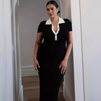 Collared Button Short-Sleeve Knit Bodycon Maxi Dress