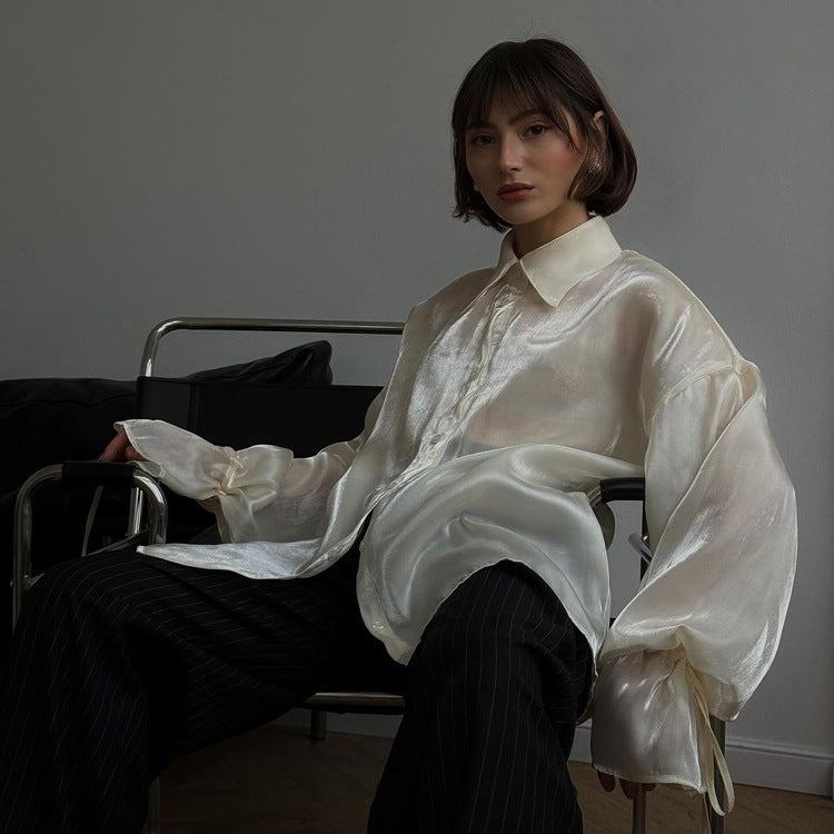 Streamer Yarn Beige Shirt Loose Sun Protection