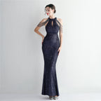 Women's Sequin Beading Cocktail Evening Dress Elegant Long Halter Slim Fit