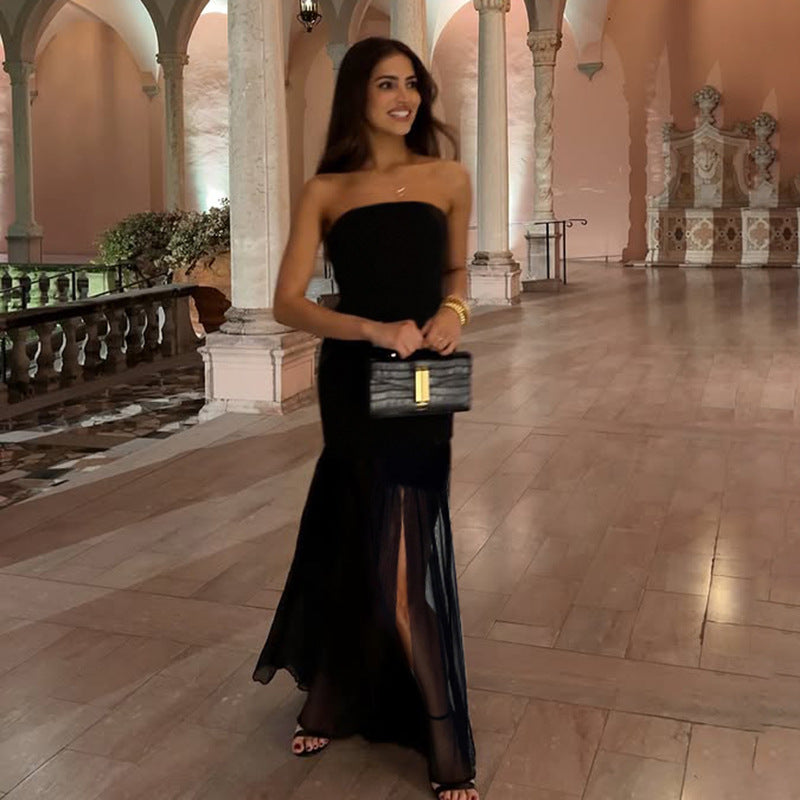 Women's Strapless Mesh Ruched Split Dress