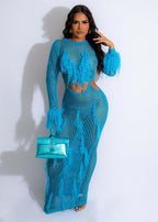 Peacock blue crochet knit maxi dress, tassel sleeves, hollow waist with cutout