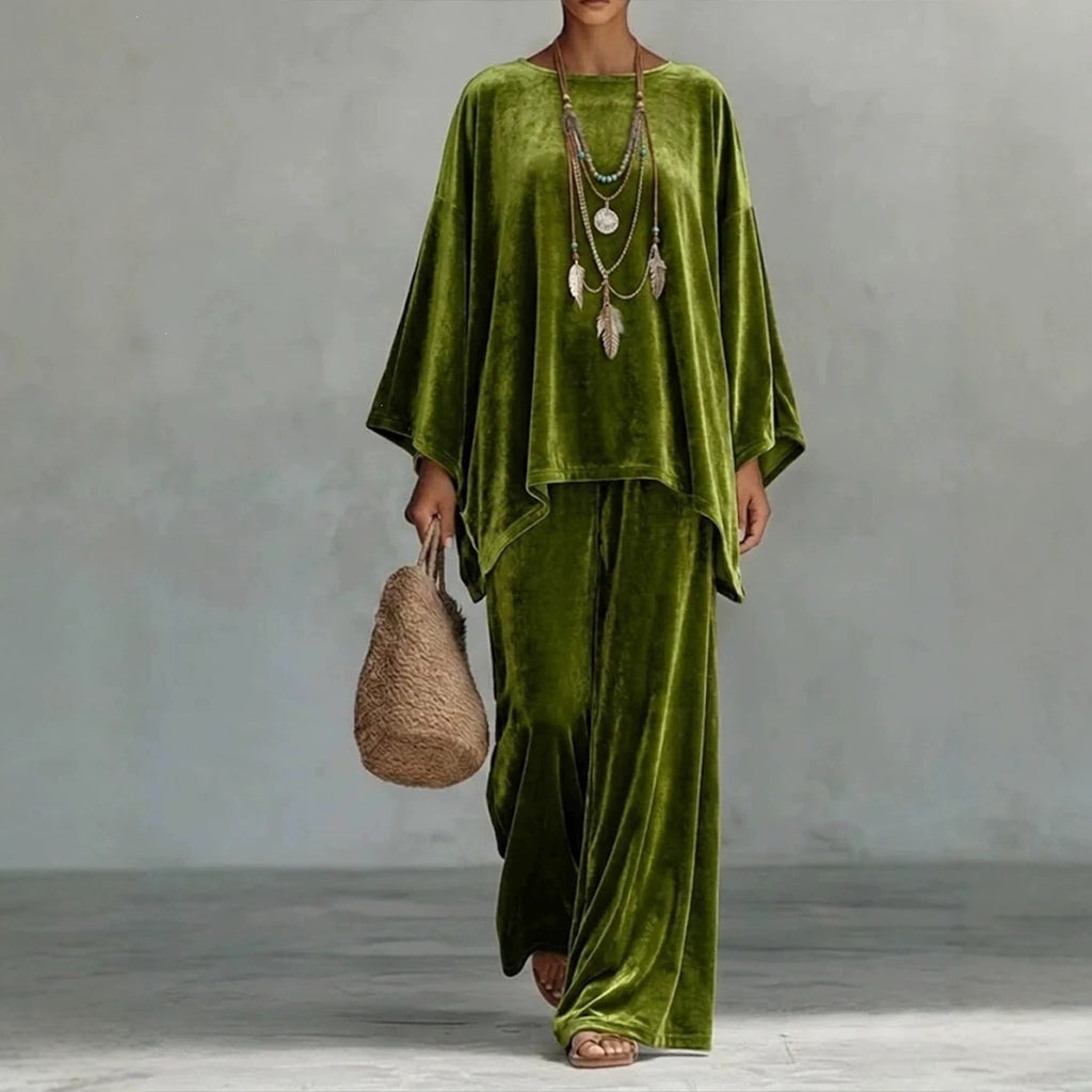 Women's Velvet Wide-Leg Long-Sleeve Top and Pants Two-Piece Set