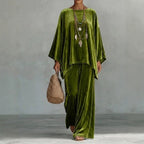 Women's Velvet Wide-Leg Long-Sleeve Top and Pants Two-Piece Set