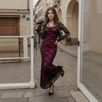 Women's Floral Lace Long Sleeve Bodycon Maxi Dress