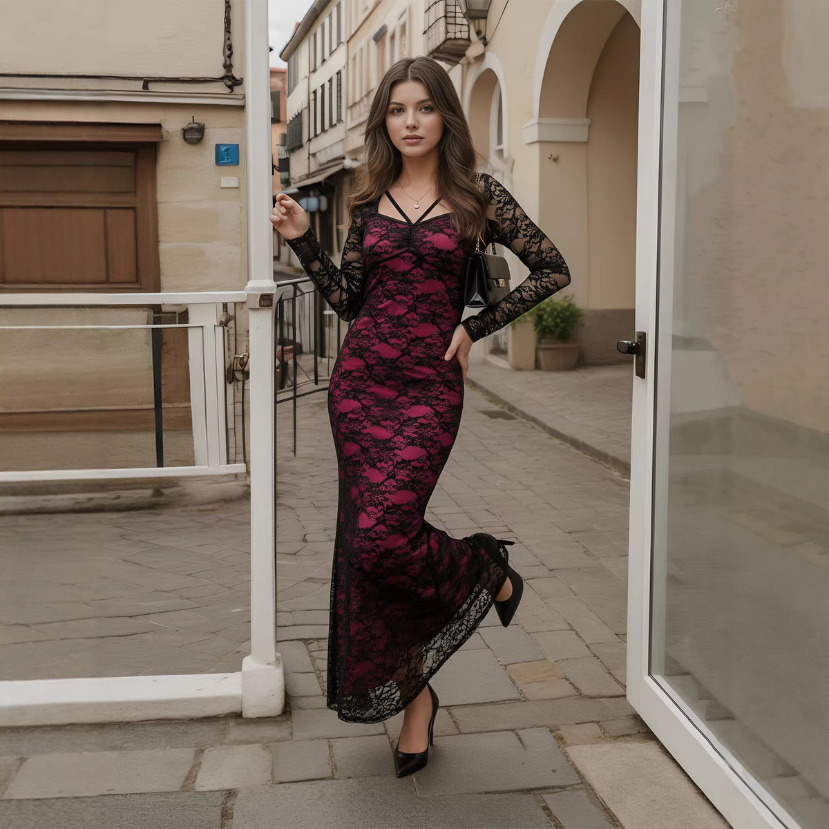 Women's Floral Lace Long Sleeve Bodycon Maxi Dress