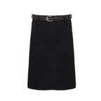 Black A-line office skirt with belt loops and structured waistband