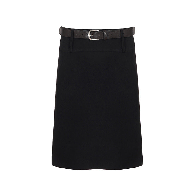 Black A-line office skirt with belt loops and structured waistband