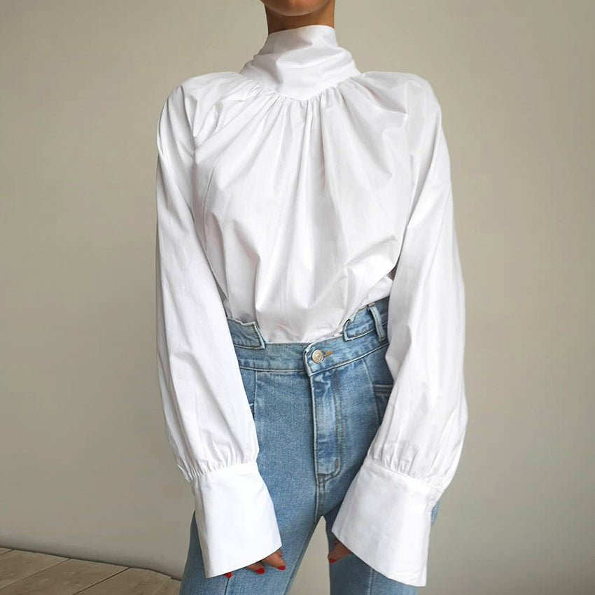 Women's Fall Bowknot Shirt Women French Turtleneck Stand Collar Niche Women White Shirt Top
