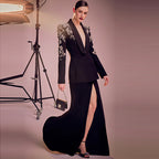 Women's Exquisite Rhinestone Beaded Blazer Split Fishtail Dress