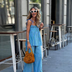 Independent Stand Striped Printed Ruffled Tied Sling Top Loose Casual Trousers Two Piece Sets