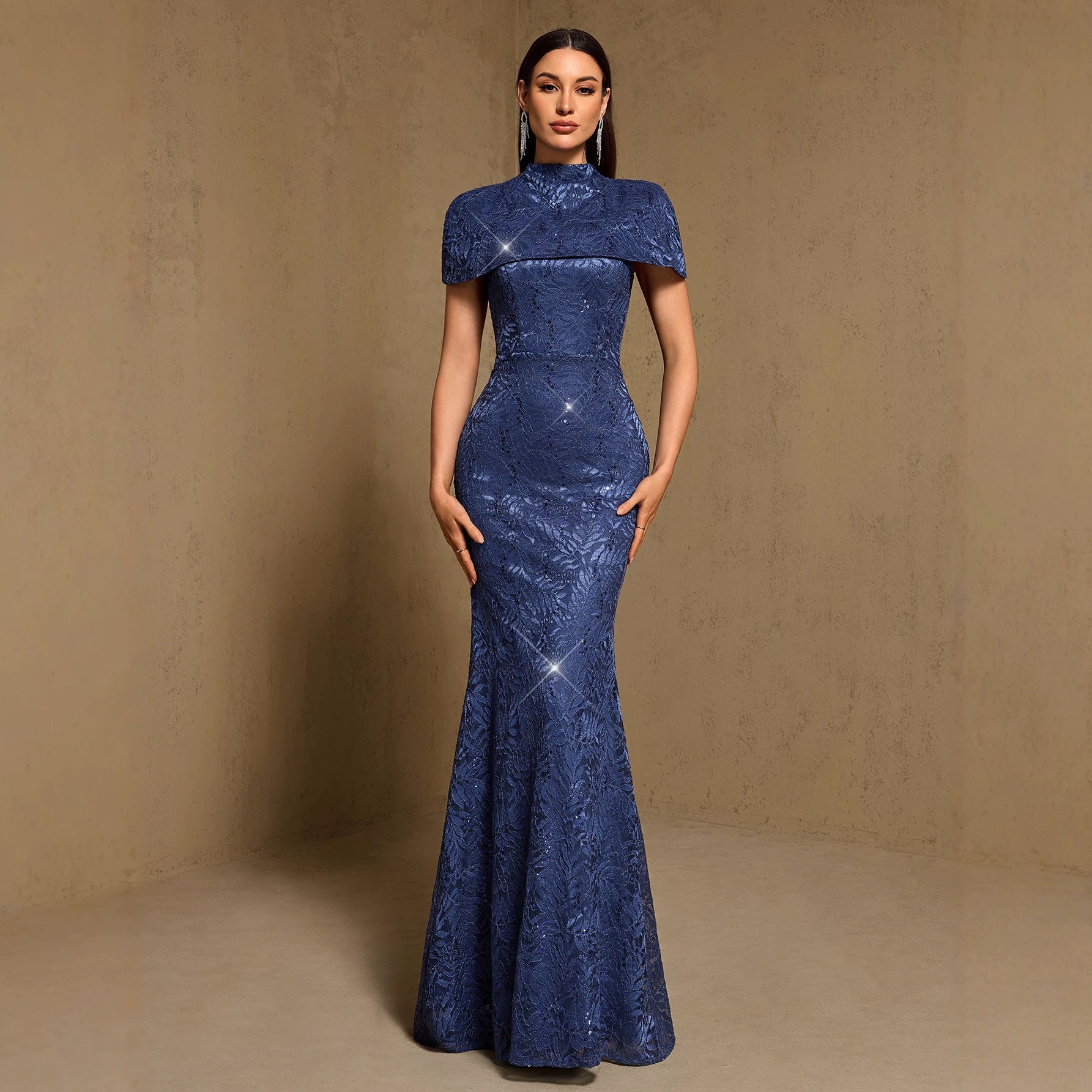 Navy blue maxi dress with sparkle texture, high neckline, fitted mermaid hem