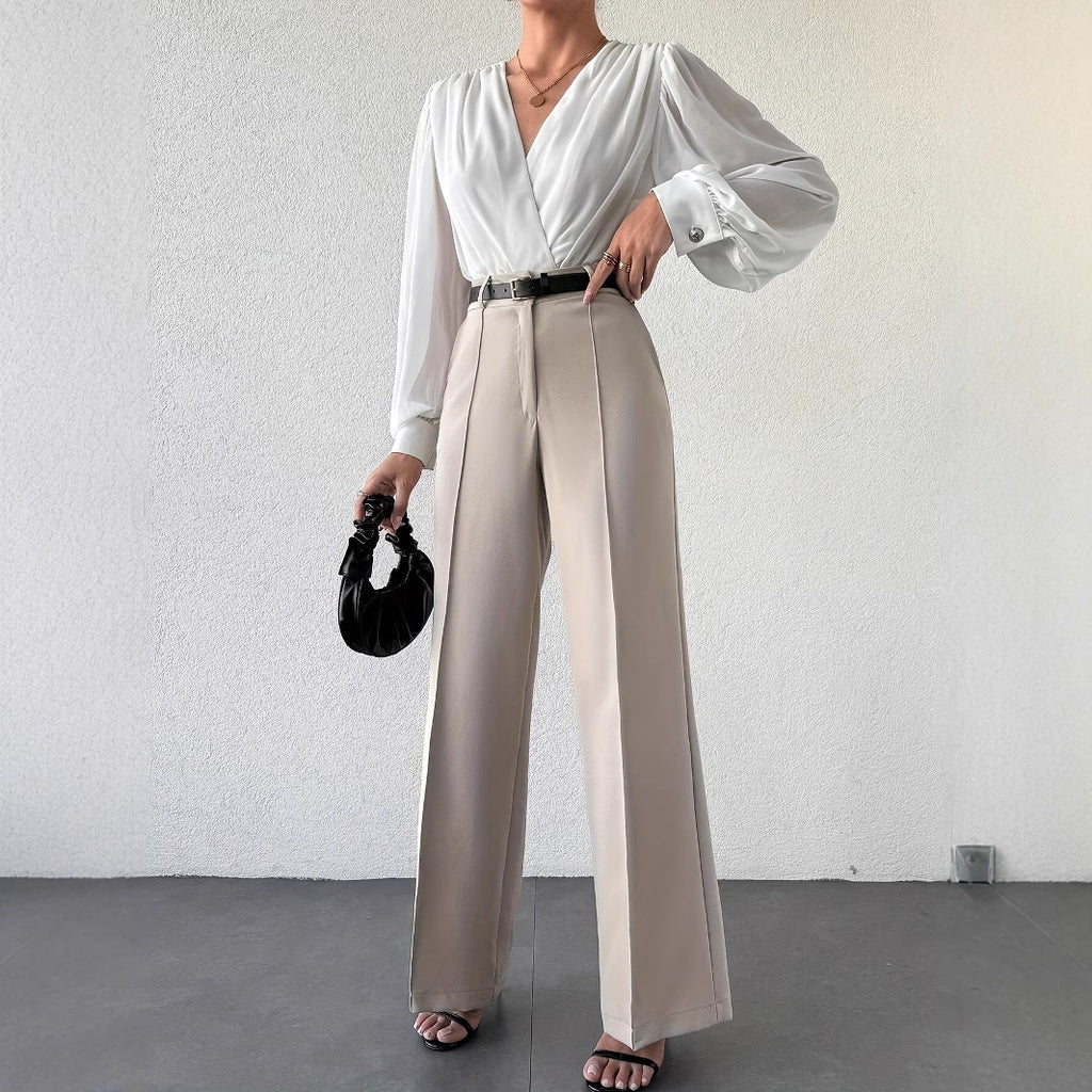 High Waist Straight Trousers Side Pocket French Office Business