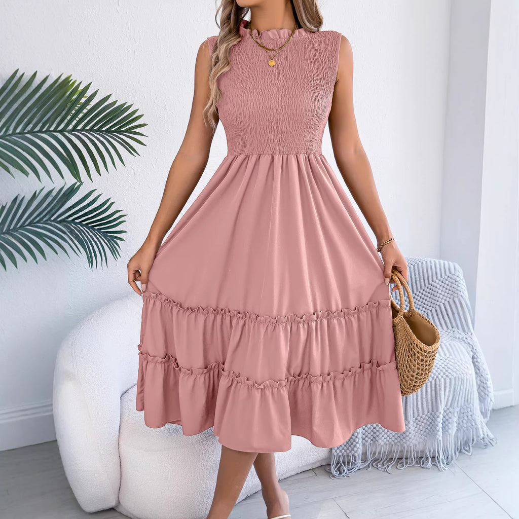 Casual Sleeveless Smocking Waist Tight Wooden Ear Large Swing Dress