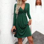 Women's V Neck Twisted Waist A Line Long Sleeve Dress