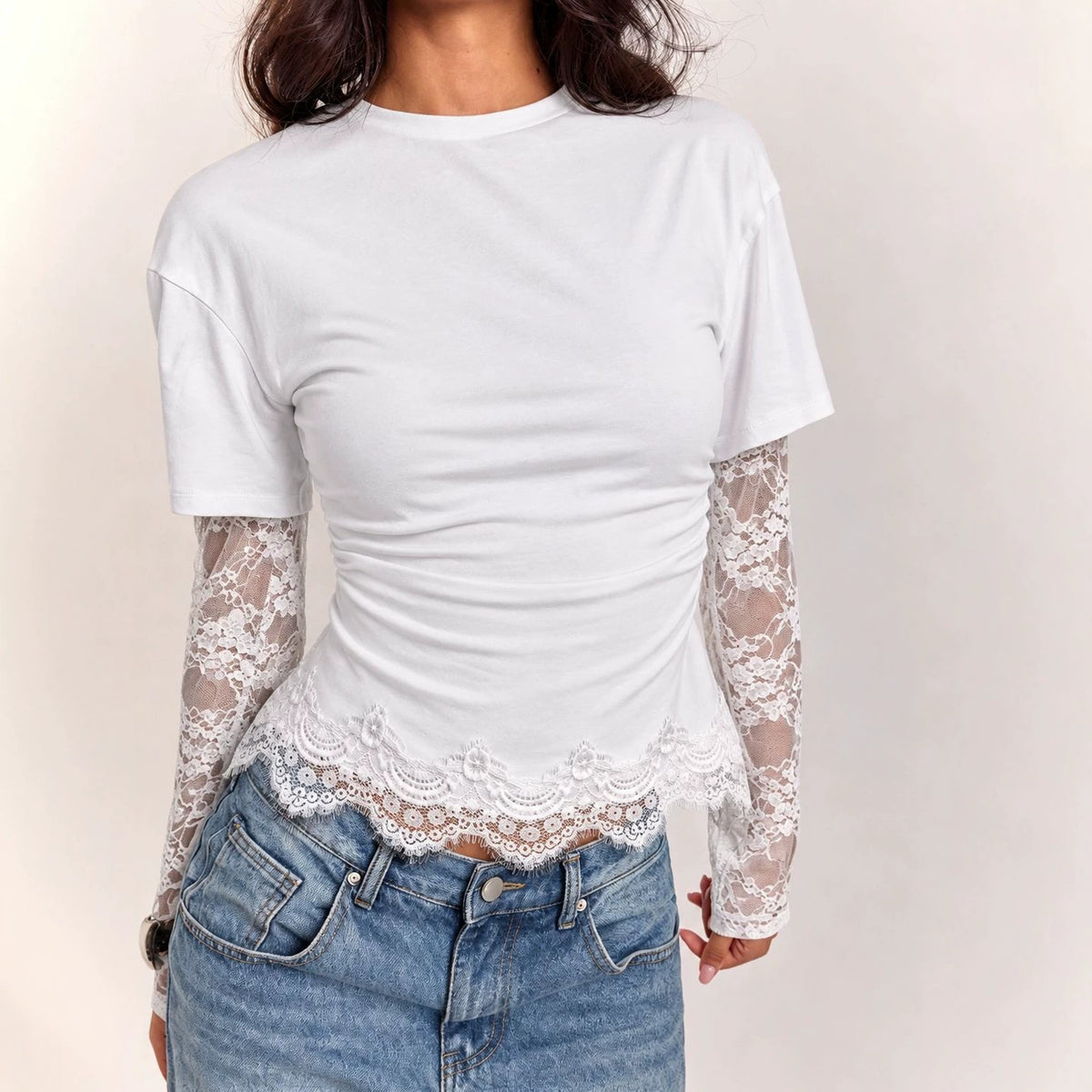 Women's Lace-Trimmed Pleated Long-Sleeve Top