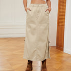 Drawstring Denim Midi Skirt