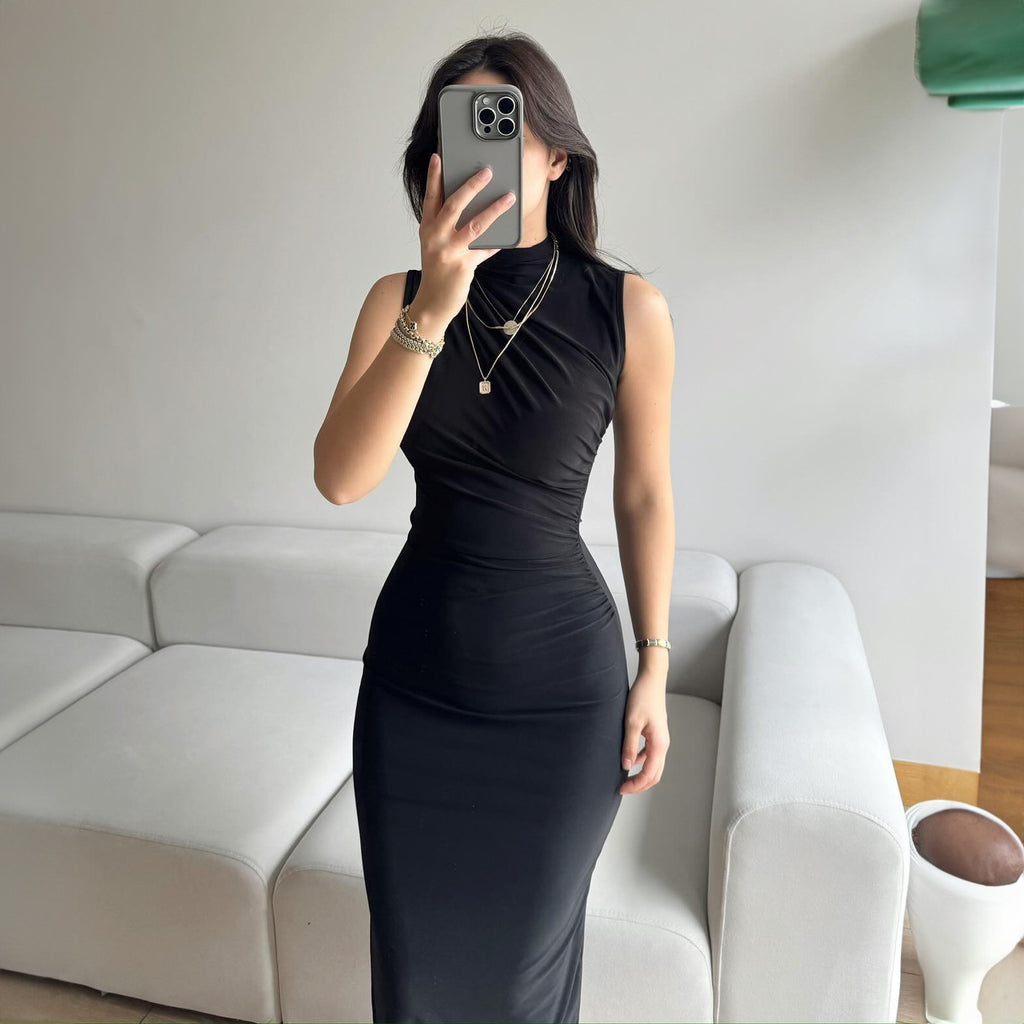 Summer Solid Color Split High Waist Slim Sleeveless Long Dress