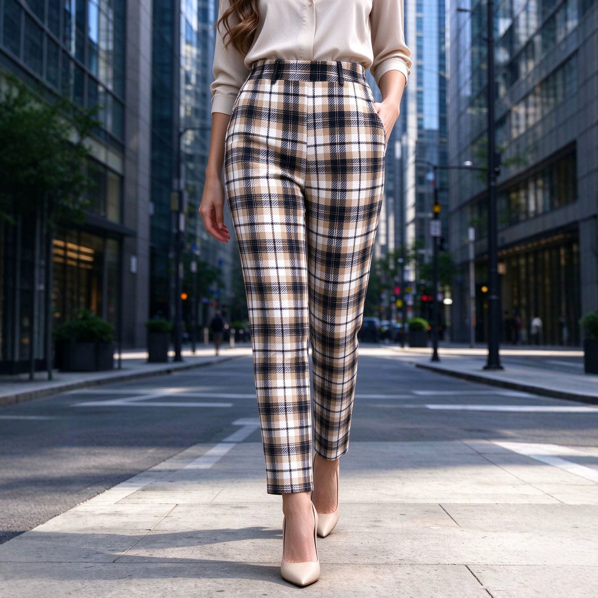 Women's Plaid High-Waisted Work Pants