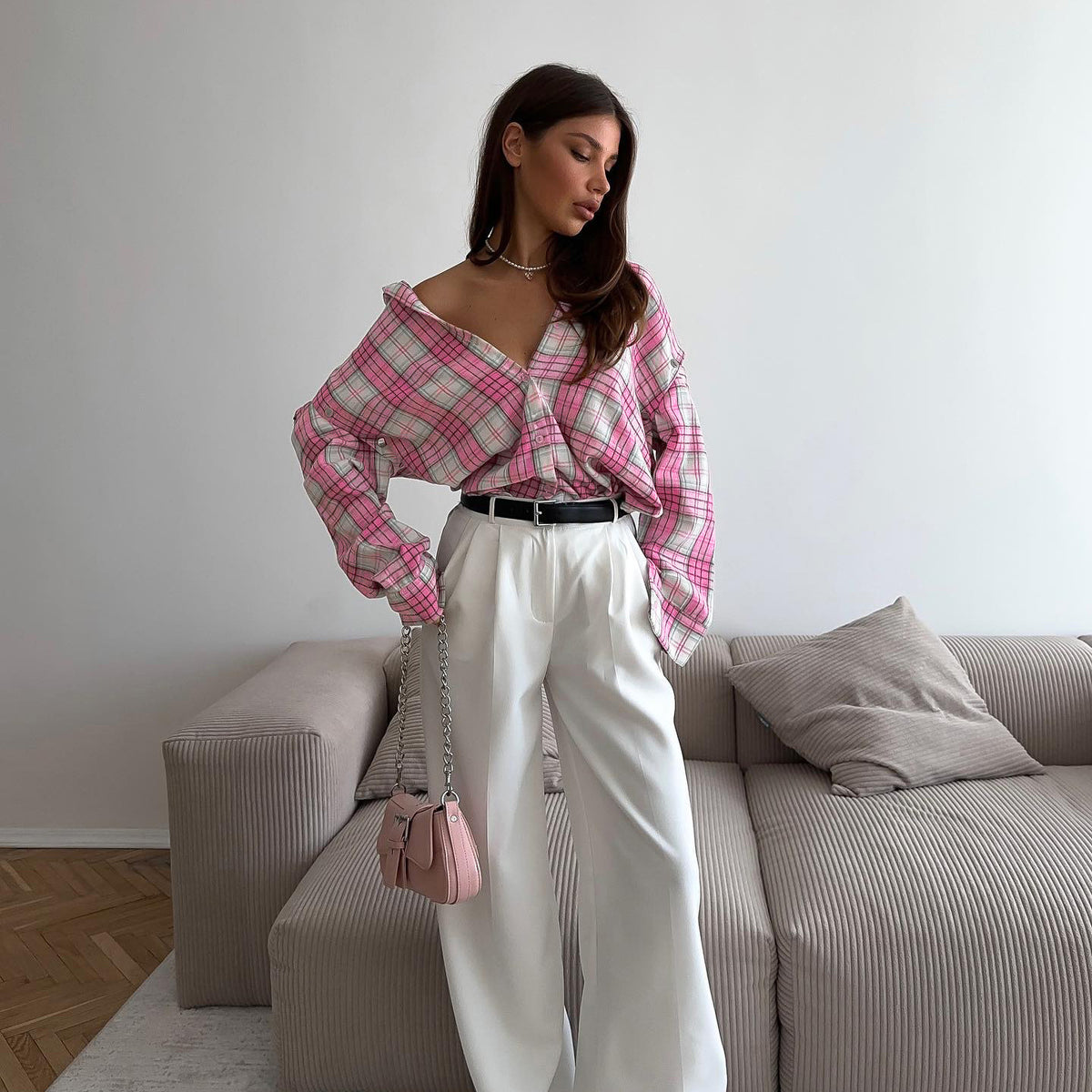 Pink Plaid Collared Shirt