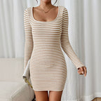 Women's Autumn Winter Solid Color U Neck Long Sleeve Sheath Dress Women High Waist Trendy Wear