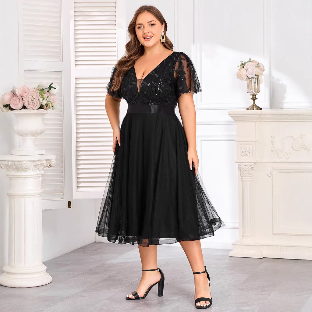 Women's Plus Size Double V neck Stretch Waist Short Mesh Evening Dress