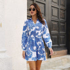 Women's Paisley Pattern Blouse Collar Dress Women Smocking Waist Long Sleeve Spring Autumn Women Clothing