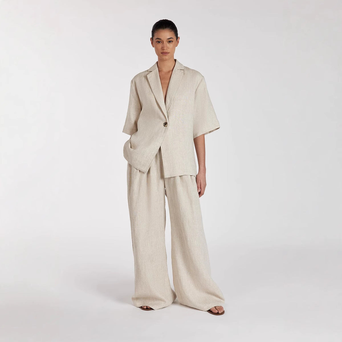 Linen Cardigan Top & Wide-Leg Pants Set