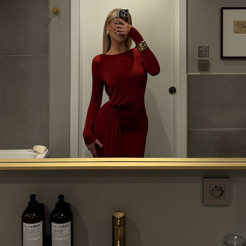 Women's Round Neck Long Sleeve Bare Back Waist Controlled Lace Up Elegant Slim Red Carpet Dress