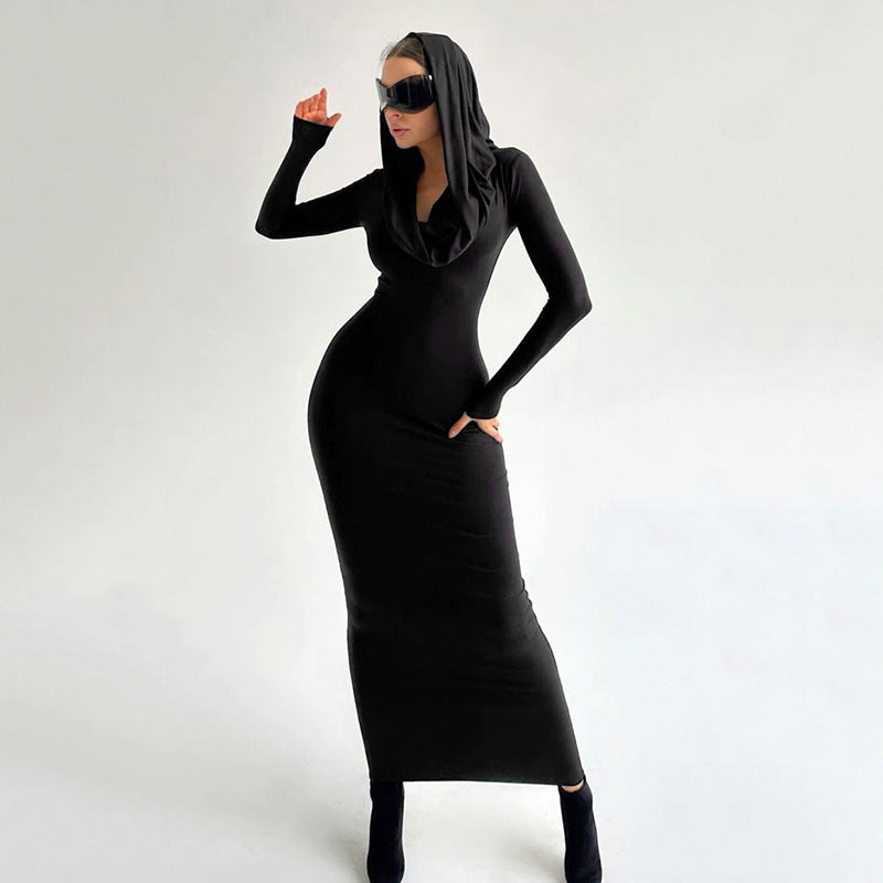 Hooded Long-Sleeve Bodycon Maxi Dress