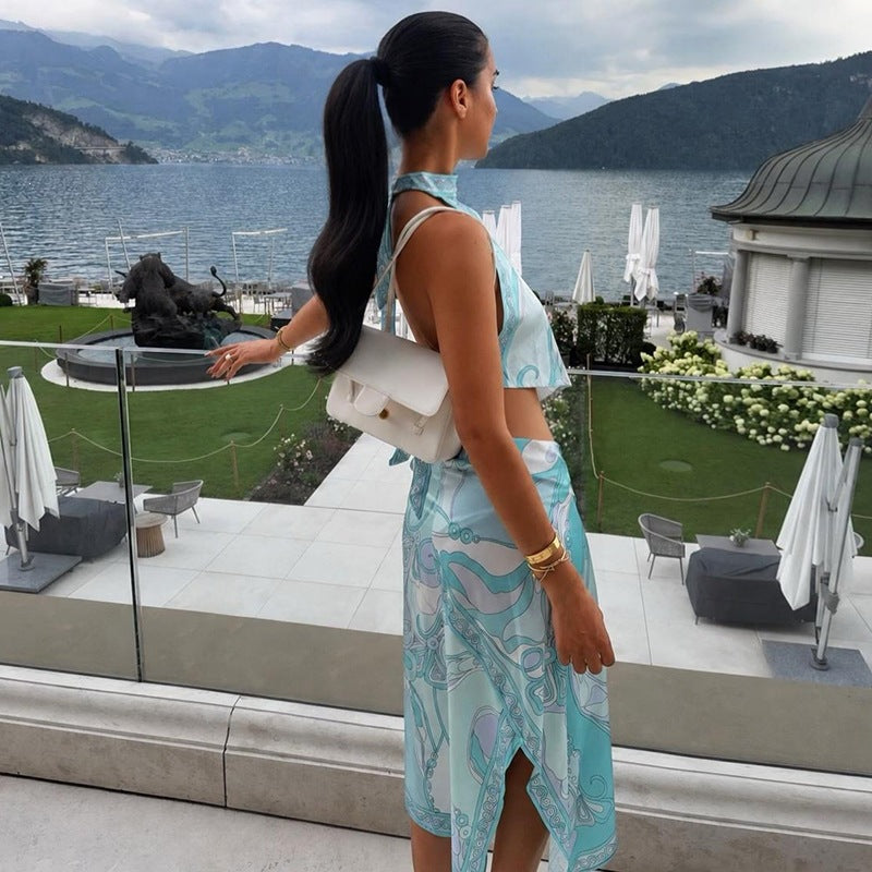 Women's Summer Printed Satin Halter Backless Top Skirt Two Piece Set