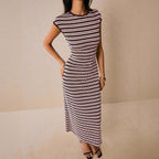 Casual Multicolor Striped Waist round Neck Short Sleeve Long Pattern Dress