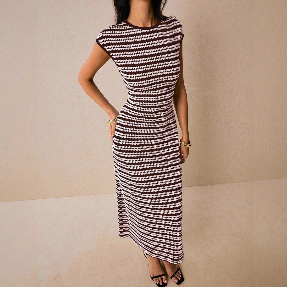 Casual Multicolor Striped Waist round Neck Short Sleeve Long Pattern Dress
