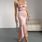 Women's Pink Satin Backless Fishtail Maxi Dress