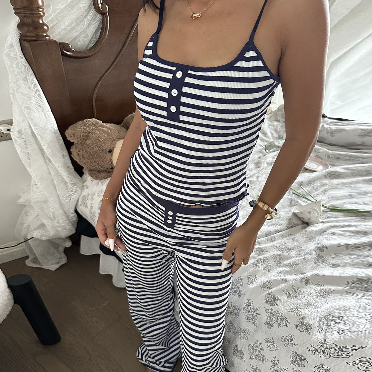 Casual Homewear Striped Contrast Color Breasted Sling Top Trousers Pajamas