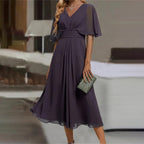 Summer Solid Color V Neck Waist Trimming Casual Swing Dress