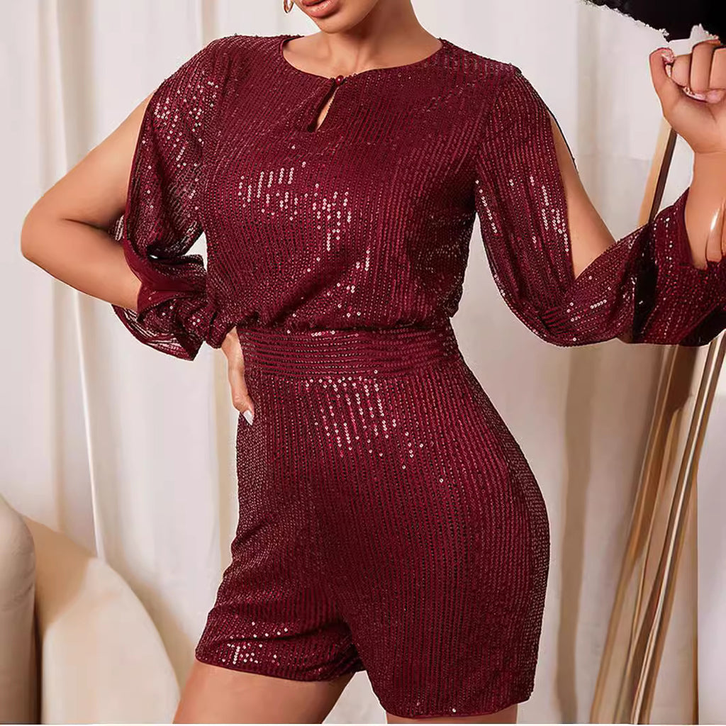 Women's Long Sleeve Red Paillette Jumpsuit