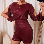 Women's Long Sleeve Red Paillette Jumpsuit