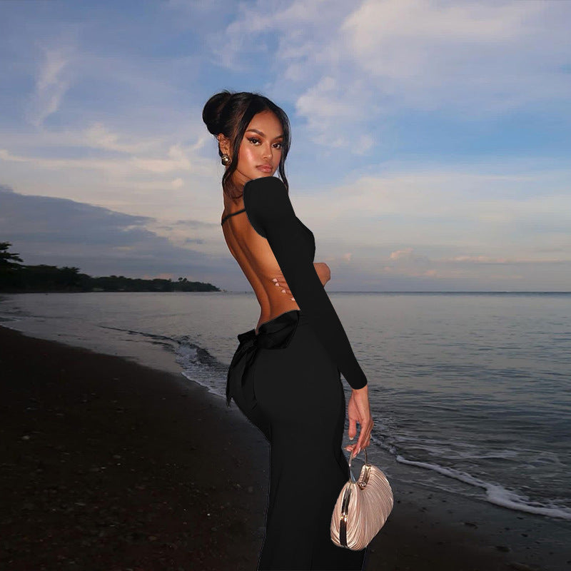 Holiday Long Sleeve Backless Bow Dress